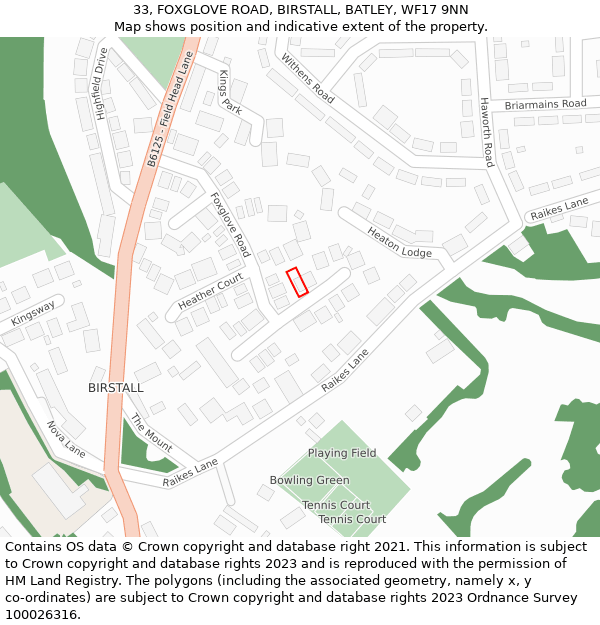 33, FOXGLOVE ROAD, BIRSTALL, BATLEY, WF17 9NN: Location map and indicative extent of plot