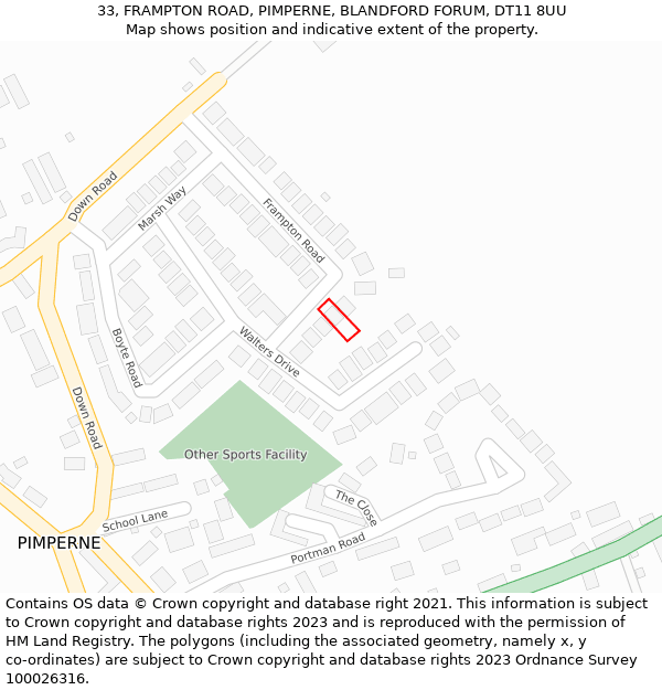 33, FRAMPTON ROAD, PIMPERNE, BLANDFORD FORUM, DT11 8UU: Location map and indicative extent of plot