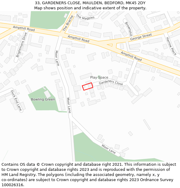 33, GARDENERS CLOSE, MAULDEN, BEDFORD, MK45 2DY: Location map and indicative extent of plot