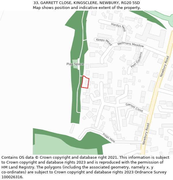 33, GARRETT CLOSE, KINGSCLERE, NEWBURY, RG20 5SD: Location map and indicative extent of plot