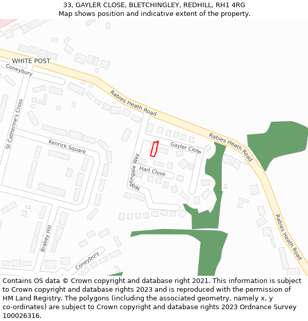 33, GAYLER CLOSE, BLETCHINGLEY, REDHILL, RH1 4RG: Location map and indicative extent of plot