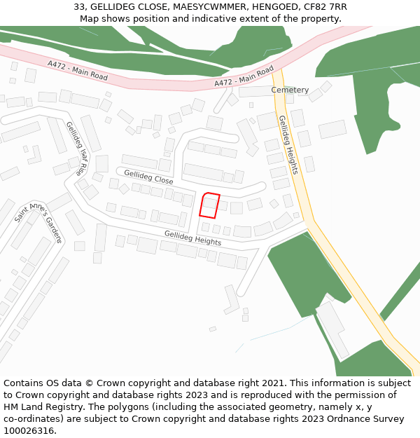 33, GELLIDEG CLOSE, MAESYCWMMER, HENGOED, CF82 7RR: Location map and indicative extent of plot