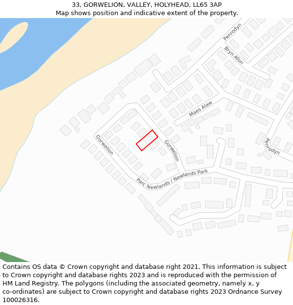 33, GORWELION, VALLEY, HOLYHEAD, LL65 3AP: Location map and indicative extent of plot