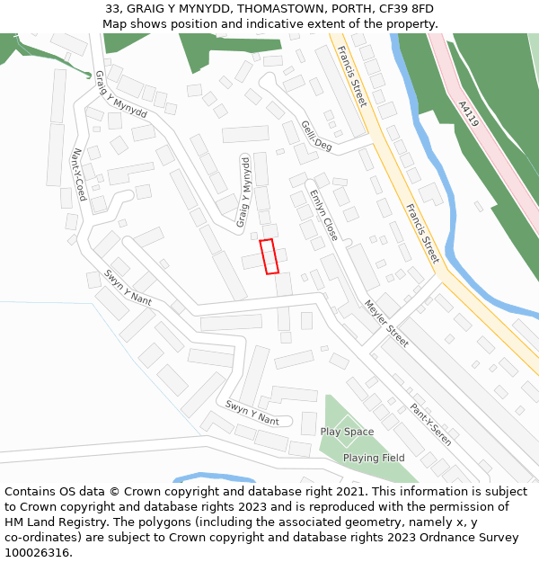 33, GRAIG Y MYNYDD, THOMASTOWN, PORTH, CF39 8FD: Location map and indicative extent of plot