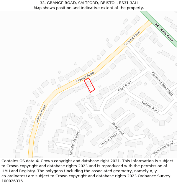 33, GRANGE ROAD, SALTFORD, BRISTOL, BS31 3AH: Location map and indicative extent of plot