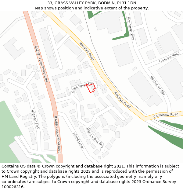 33, GRASS VALLEY PARK, BODMIN, PL31 1DN: Location map and indicative extent of plot