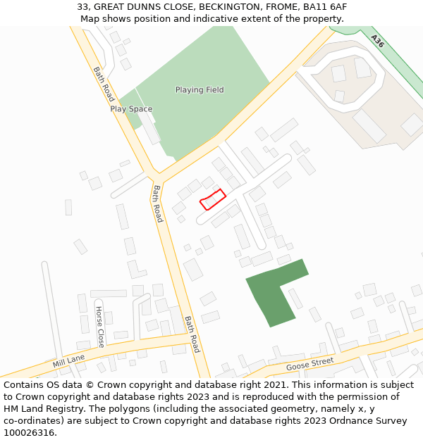 33, GREAT DUNNS CLOSE, BECKINGTON, FROME, BA11 6AF: Location map and indicative extent of plot