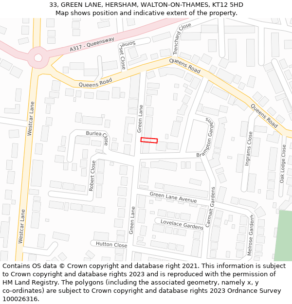 33, GREEN LANE, HERSHAM, WALTON-ON-THAMES, KT12 5HD: Location map and indicative extent of plot