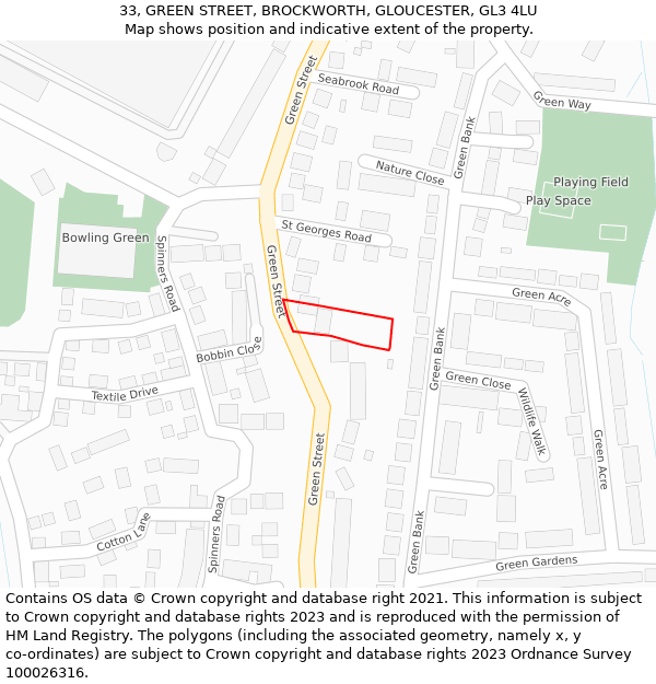 33, GREEN STREET, BROCKWORTH, GLOUCESTER, GL3 4LU: Location map and indicative extent of plot