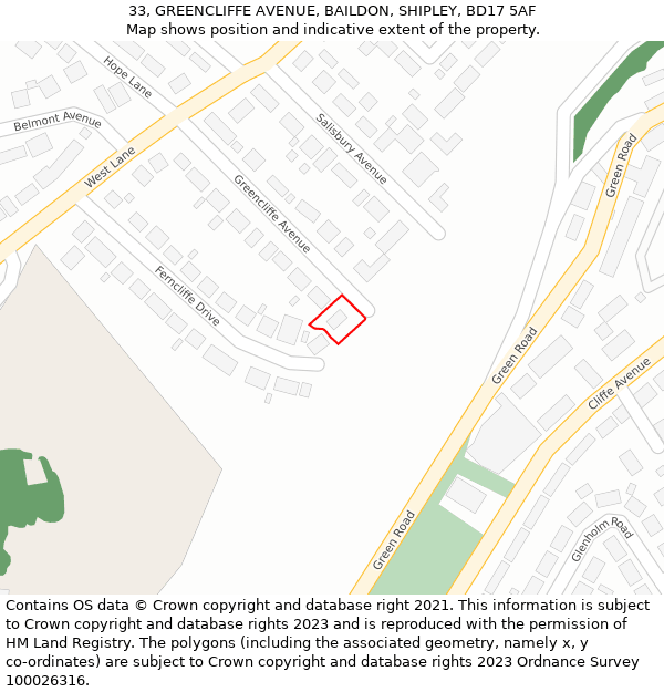 33, GREENCLIFFE AVENUE, BAILDON, SHIPLEY, BD17 5AF: Location map and indicative extent of plot