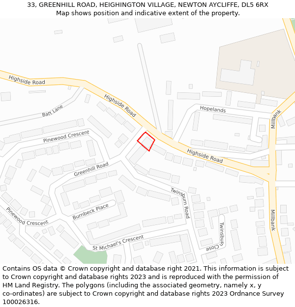 33, GREENHILL ROAD, HEIGHINGTON VILLAGE, NEWTON AYCLIFFE, DL5 6RX: Location map and indicative extent of plot