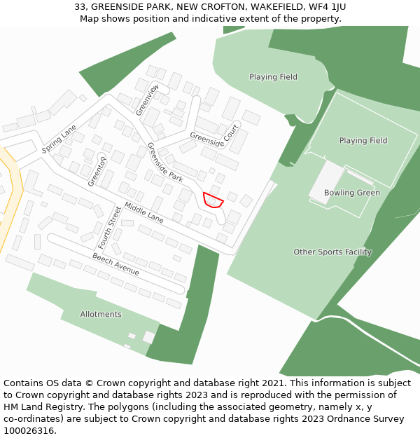 33, GREENSIDE PARK, NEW CROFTON, WAKEFIELD, WF4 1JU: Location map and indicative extent of plot