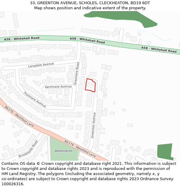 33, GREENTON AVENUE, SCHOLES, CLECKHEATON, BD19 6DT: Location map and indicative extent of plot