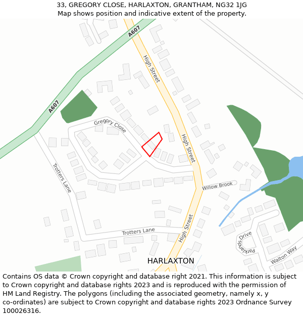 33, GREGORY CLOSE, HARLAXTON, GRANTHAM, NG32 1JG: Location map and indicative extent of plot