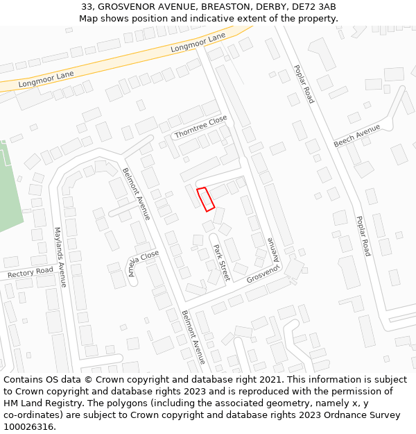 33, GROSVENOR AVENUE, BREASTON, DERBY, DE72 3AB: Location map and indicative extent of plot