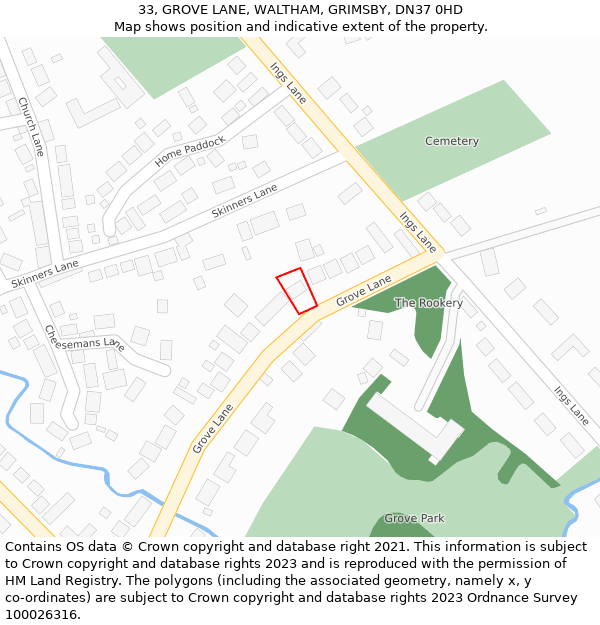 33, GROVE LANE, WALTHAM, GRIMSBY, DN37 0HD: Location map and indicative extent of plot