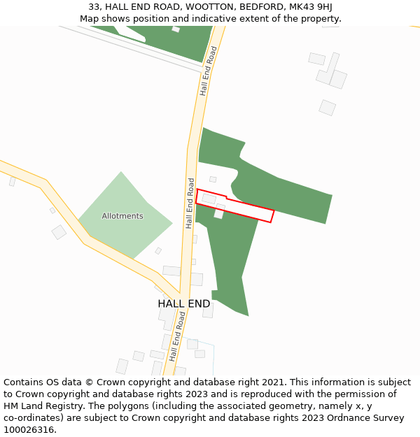 33, HALL END ROAD, WOOTTON, BEDFORD, MK43 9HJ: Location map and indicative extent of plot