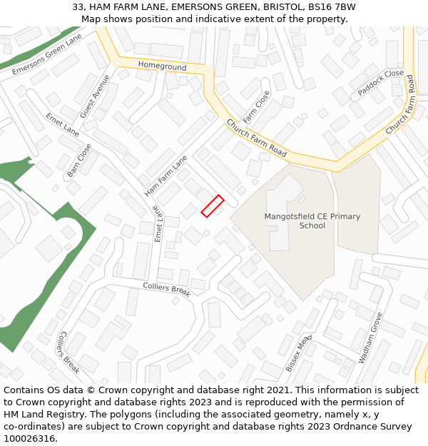 33, HAM FARM LANE, EMERSONS GREEN, BRISTOL, BS16 7BW: Location map and indicative extent of plot