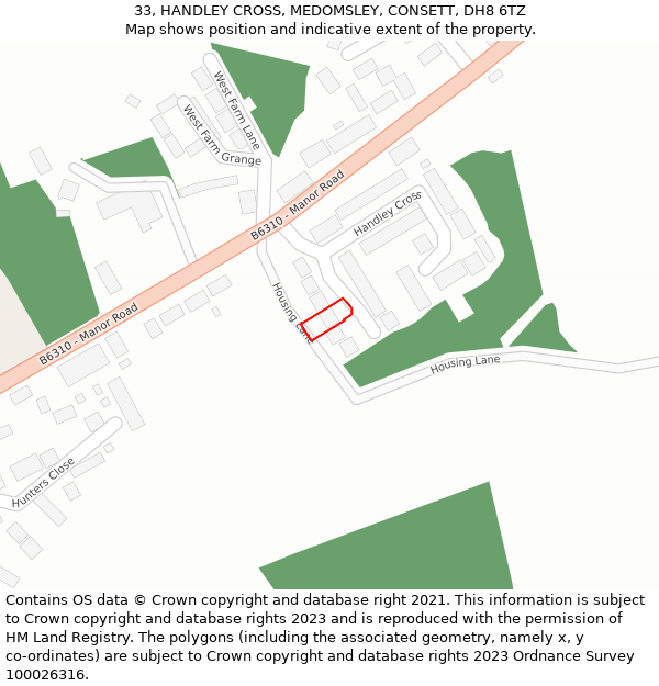 33, HANDLEY CROSS, MEDOMSLEY, CONSETT, DH8 6TZ: Location map and indicative extent of plot