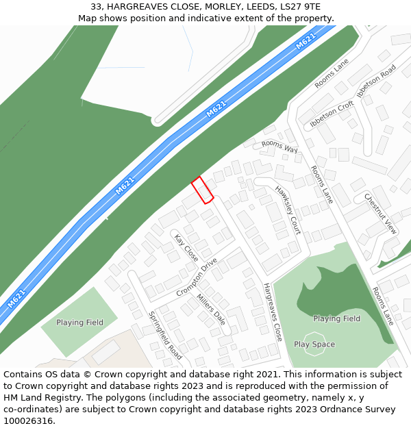 33, HARGREAVES CLOSE, MORLEY, LEEDS, LS27 9TE: Location map and indicative extent of plot