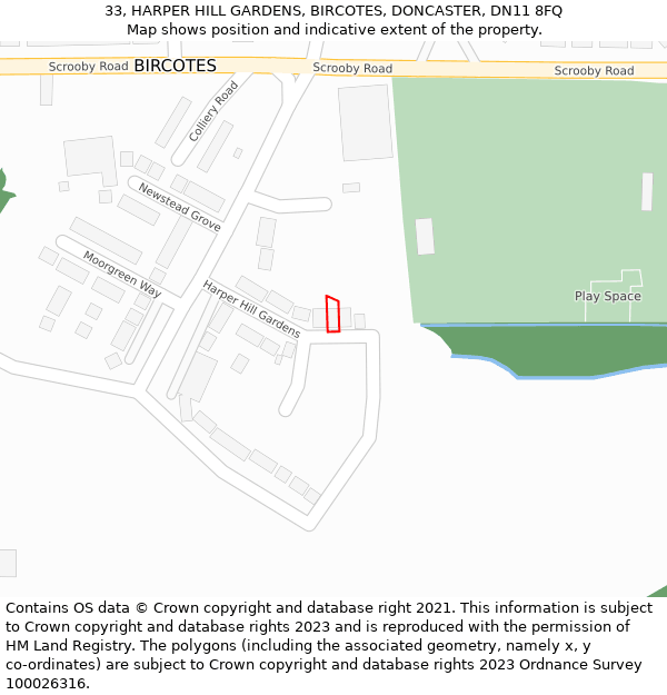 33, HARPER HILL GARDENS, BIRCOTES, DONCASTER, DN11 8FQ: Location map and indicative extent of plot