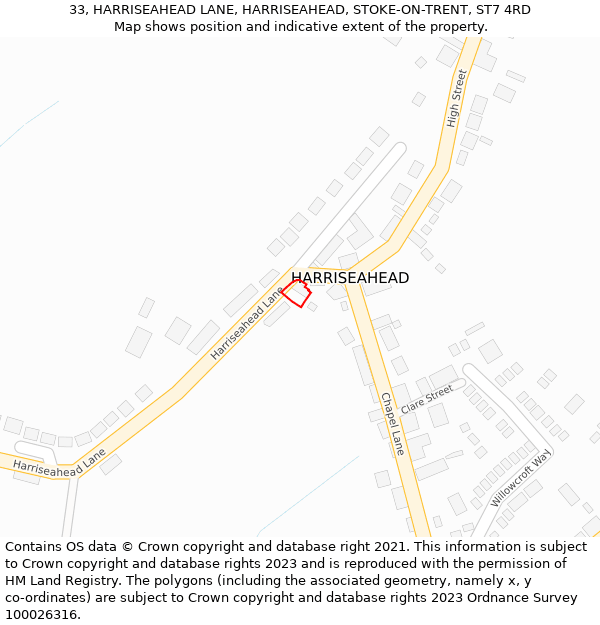 33, HARRISEAHEAD LANE, HARRISEAHEAD, STOKE-ON-TRENT, ST7 4RD: Location map and indicative extent of plot