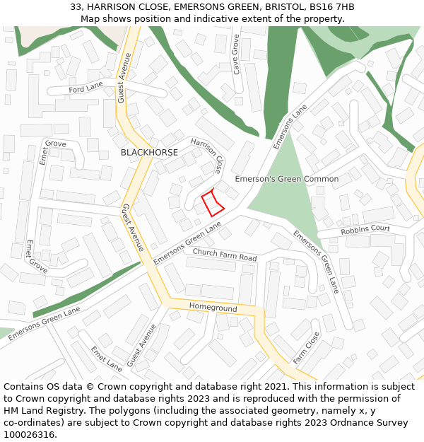 33, HARRISON CLOSE, EMERSONS GREEN, BRISTOL, BS16 7HB: Location map and indicative extent of plot