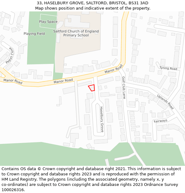 33, HASELBURY GROVE, SALTFORD, BRISTOL, BS31 3AD: Location map and indicative extent of plot