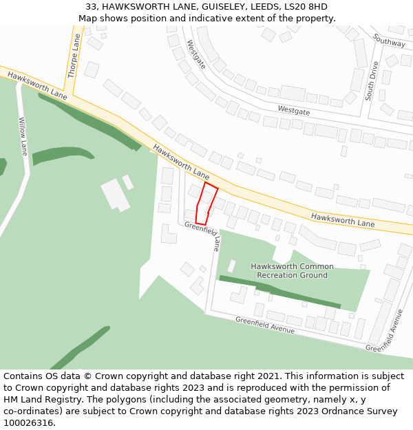 33, HAWKSWORTH LANE, GUISELEY, LEEDS, LS20 8HD: Location map and indicative extent of plot
