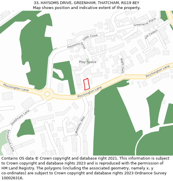 33, HAYSOMS DRIVE, GREENHAM, THATCHAM, RG19 8EY: Location map and indicative extent of plot