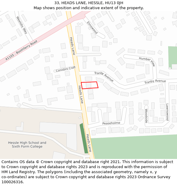 33, HEADS LANE, HESSLE, HU13 0JH: Location map and indicative extent of plot