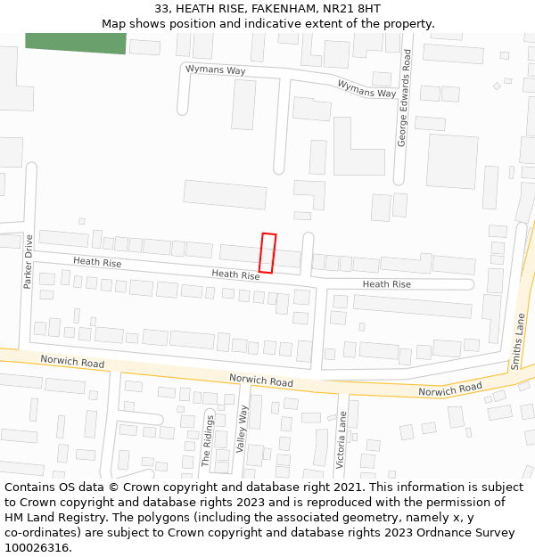 33, HEATH RISE, FAKENHAM, NR21 8HT: Location map and indicative extent of plot
