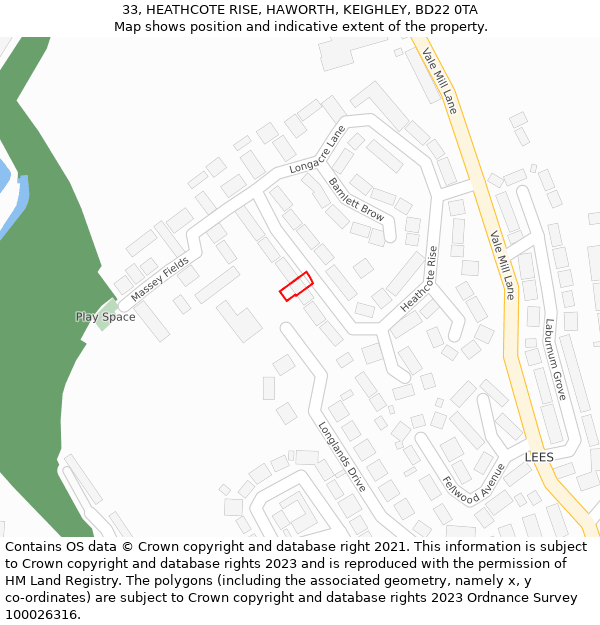 33, HEATHCOTE RISE, HAWORTH, KEIGHLEY, BD22 0TA: Location map and indicative extent of plot