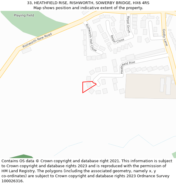 33, HEATHFIELD RISE, RISHWORTH, SOWERBY BRIDGE, HX6 4RS: Location map and indicative extent of plot