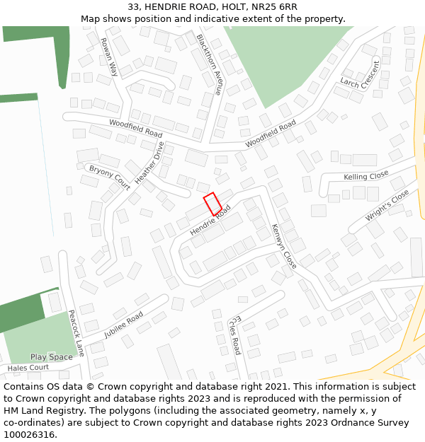 33, HENDRIE ROAD, HOLT, NR25 6RR: Location map and indicative extent of plot