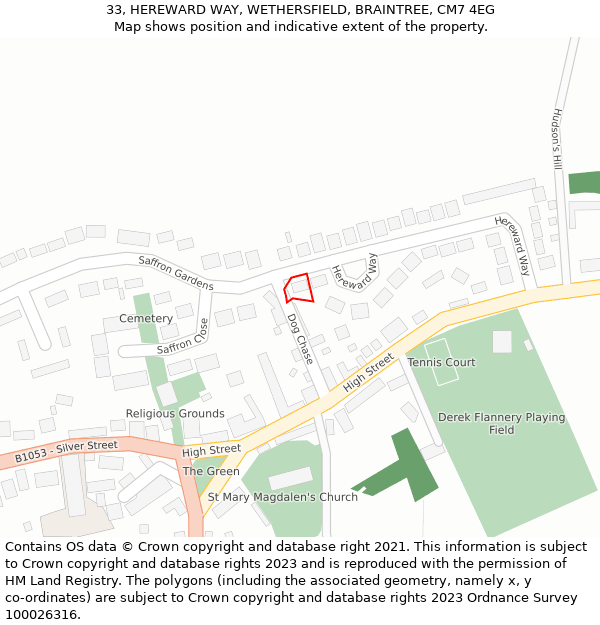 33, HEREWARD WAY, WETHERSFIELD, BRAINTREE, CM7 4EG: Location map and indicative extent of plot