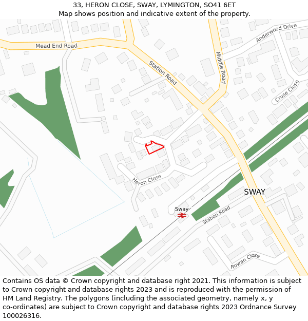 33, HERON CLOSE, SWAY, LYMINGTON, SO41 6ET: Location map and indicative extent of plot