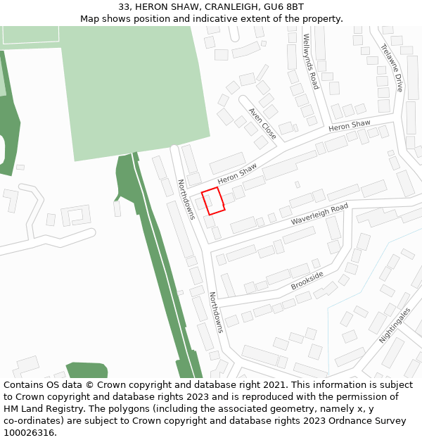 33, HERON SHAW, CRANLEIGH, GU6 8BT: Location map and indicative extent of plot