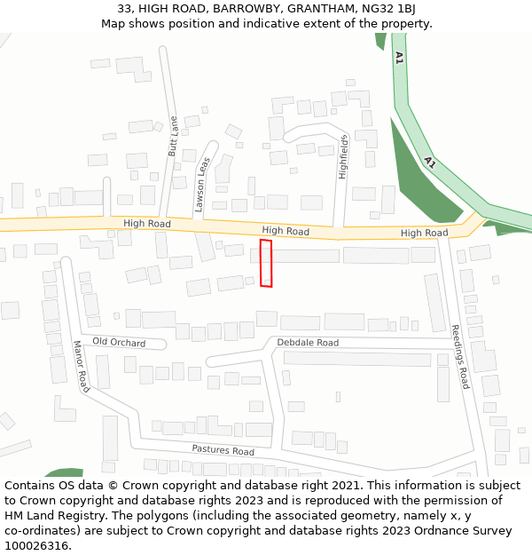 33, HIGH ROAD, BARROWBY, GRANTHAM, NG32 1BJ: Location map and indicative extent of plot