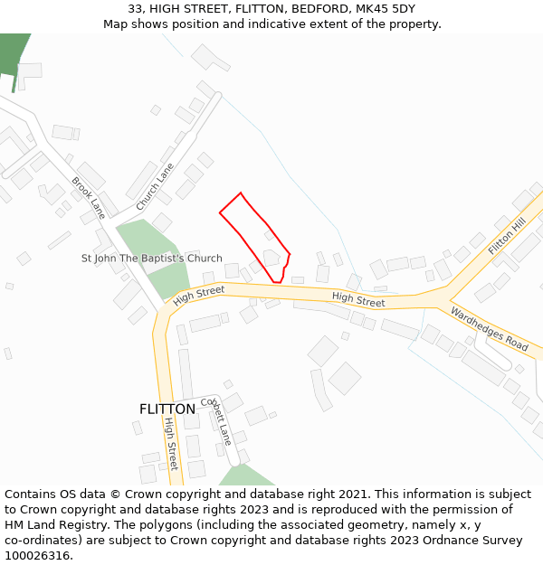 33, HIGH STREET, FLITTON, BEDFORD, MK45 5DY: Location map and indicative extent of plot