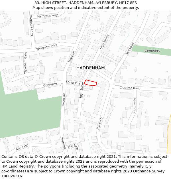 33, HIGH STREET, HADDENHAM, AYLESBURY, HP17 8ES: Location map and indicative extent of plot
