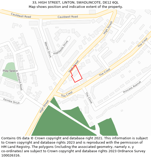 33, HIGH STREET, LINTON, SWADLINCOTE, DE12 6QL: Location map and indicative extent of plot