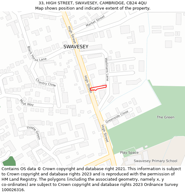 33, HIGH STREET, SWAVESEY, CAMBRIDGE, CB24 4QU: Location map and indicative extent of plot