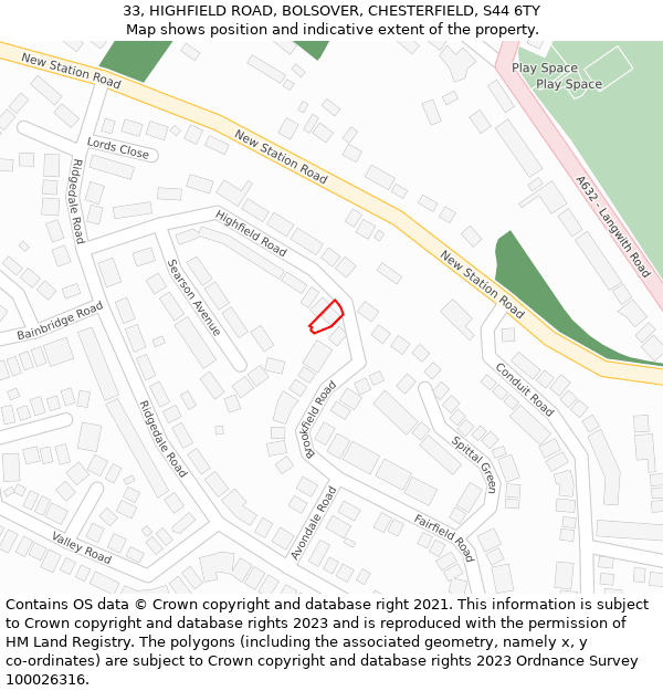 33, HIGHFIELD ROAD, BOLSOVER, CHESTERFIELD, S44 6TY: Location map and indicative extent of plot