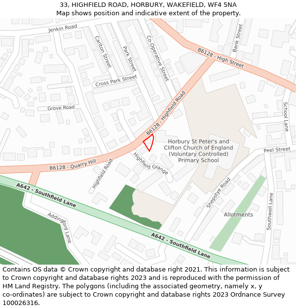 33, HIGHFIELD ROAD, HORBURY, WAKEFIELD, WF4 5NA: Location map and indicative extent of plot