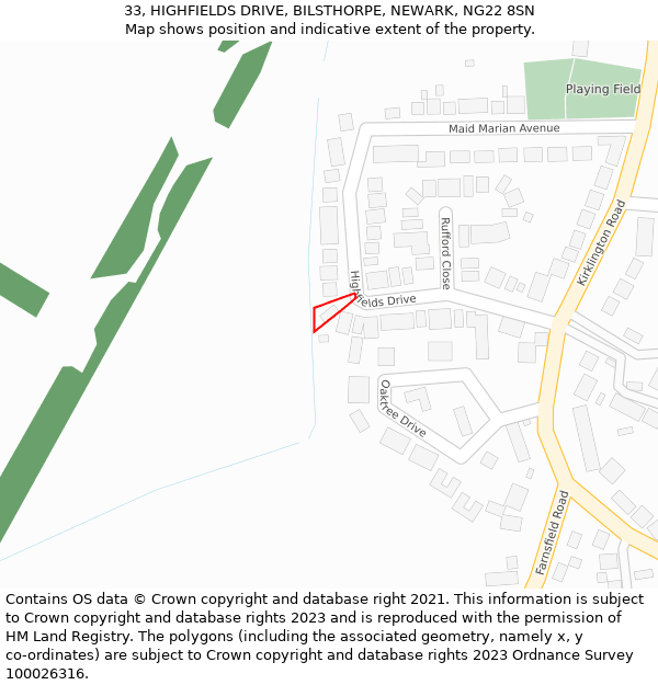 33, HIGHFIELDS DRIVE, BILSTHORPE, NEWARK, NG22 8SN: Location map and indicative extent of plot