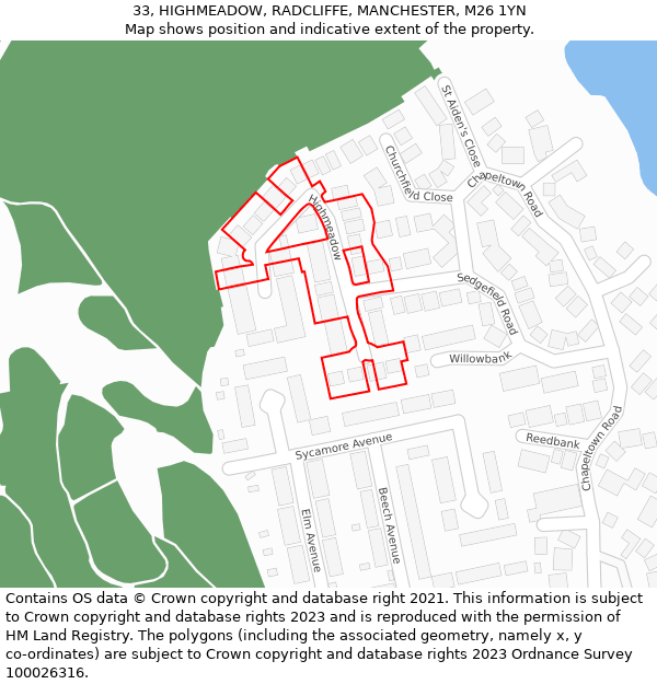 33, HIGHMEADOW, RADCLIFFE, MANCHESTER, M26 1YN: Location map and indicative extent of plot