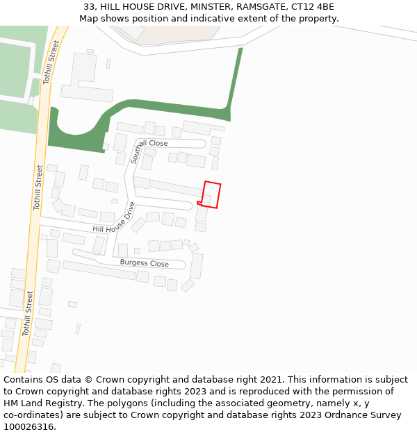 33, HILL HOUSE DRIVE, MINSTER, RAMSGATE, CT12 4BE: Location map and indicative extent of plot