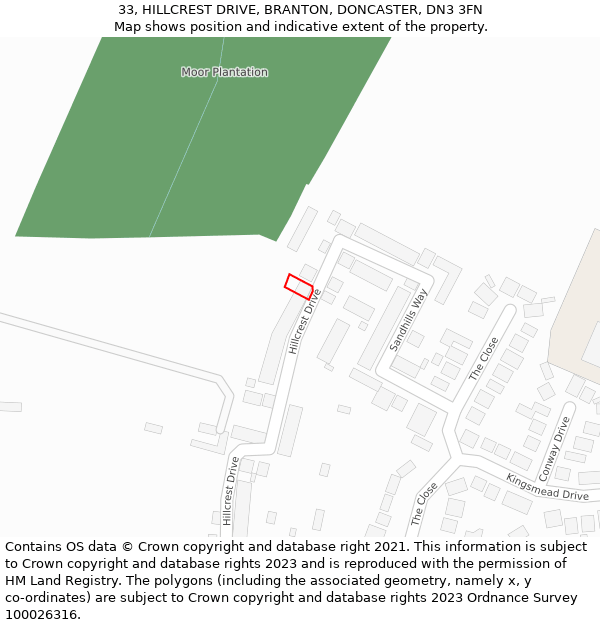 33, HILLCREST DRIVE, BRANTON, DONCASTER, DN3 3FN: Location map and indicative extent of plot