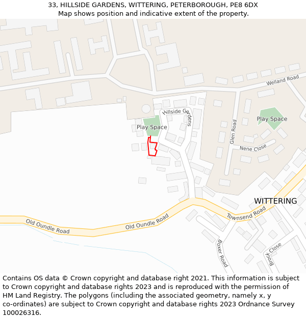 33, HILLSIDE GARDENS, WITTERING, PETERBOROUGH, PE8 6DX: Location map and indicative extent of plot